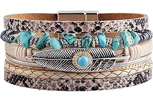 GelConnie Womens Leather Cuff Bracelet Feather Multi Strand Bracelet Wrap Bracelet Turquoise Boho Bangle Braided Leather Wristbands Bohemian Jewelry Gifts for Women Wife Sister