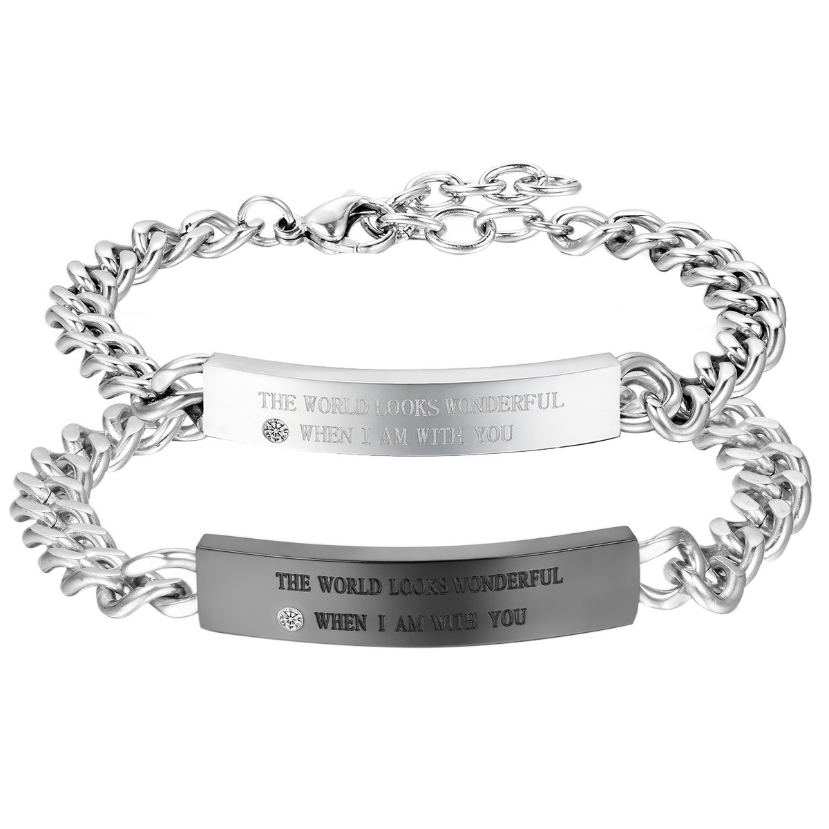 Cupimatch 2pcs Couple Bracelets Stainless Steel Loving Bangle Bracelet Matching Bracelet Best Friend Jewelry ((the world looks wonderful when i am with you) black silver) — image 1
