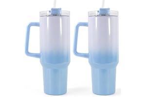 FECBK 40oz Sublimation Tumbler with Handle 2 Pack Sublimation 40 oz Tumbler with Removable Handle and Straw Lid Stainless Steel Insulated Tumbler Blanks for Keep Hot/Cold Hours, Diy Gift, Blue