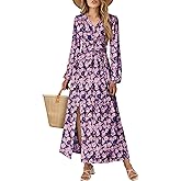 BLENCOT Long Sleeve V Neck Floral Maxi Dress for Women Casual Flowy Slit Ruched High Waist Cocktail Fall Dresses