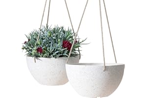 LA Jolie Muse Speckled White Hanging Planter - 8 Inch Indoor Outdoor Hanging Plant Pot Basket, Flower Pot with Drainage Hole, Set of 2