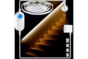 NIVOTA Dual Sensor Stair Light Strip, Double Motion Activated Sensor LED Strip Light for Stairway (Power Adapter (3.28FT Cable), Warm White 3000K (16.4FT White Light Strip))