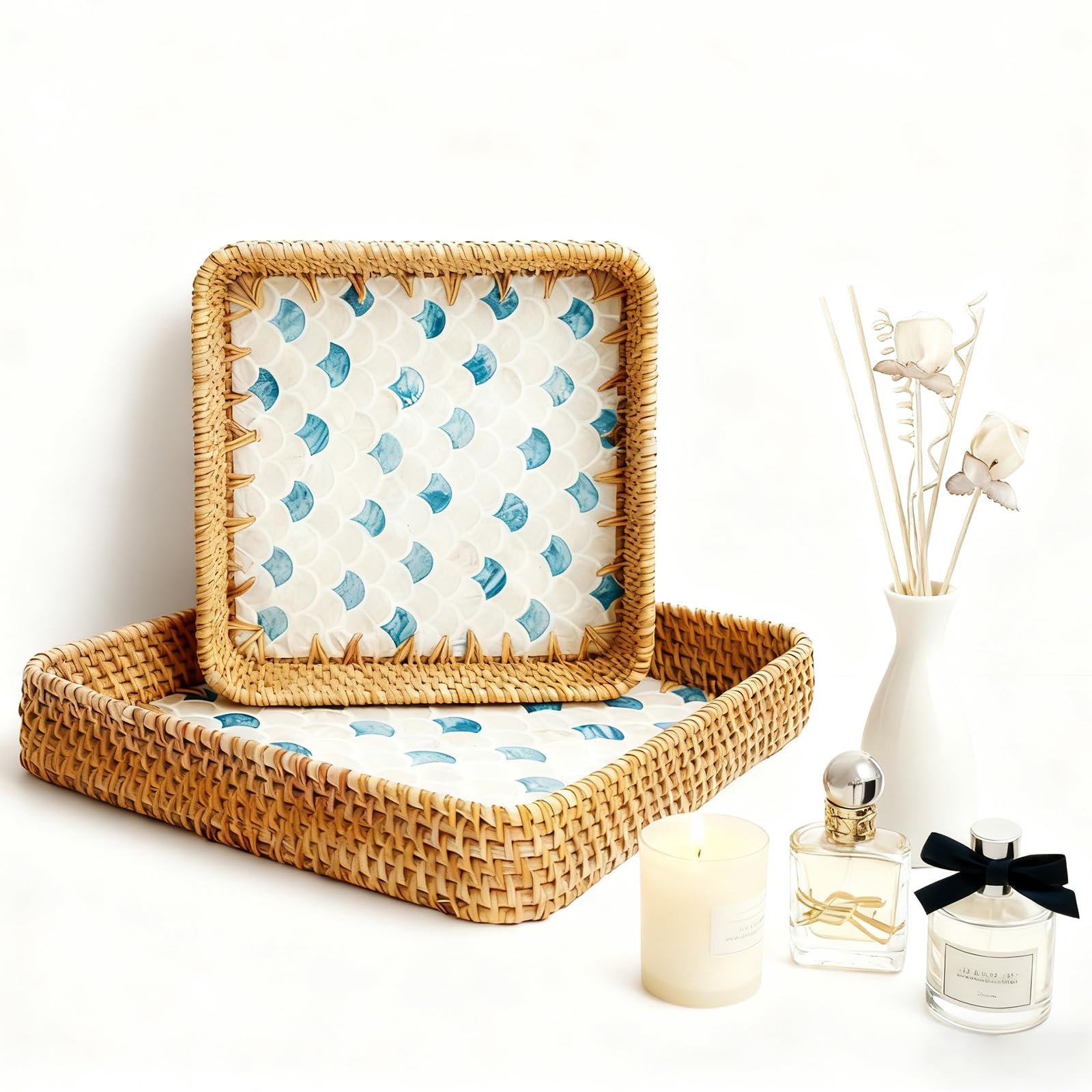 Photo 1 of 1 pcs Rectangle Rattan Serving Tray with Mother of Pearl Inlay, Decorative Wicker Tray for Coffee, Bread, Fruits, Elegant Table Decor for Living Room & Dining Room