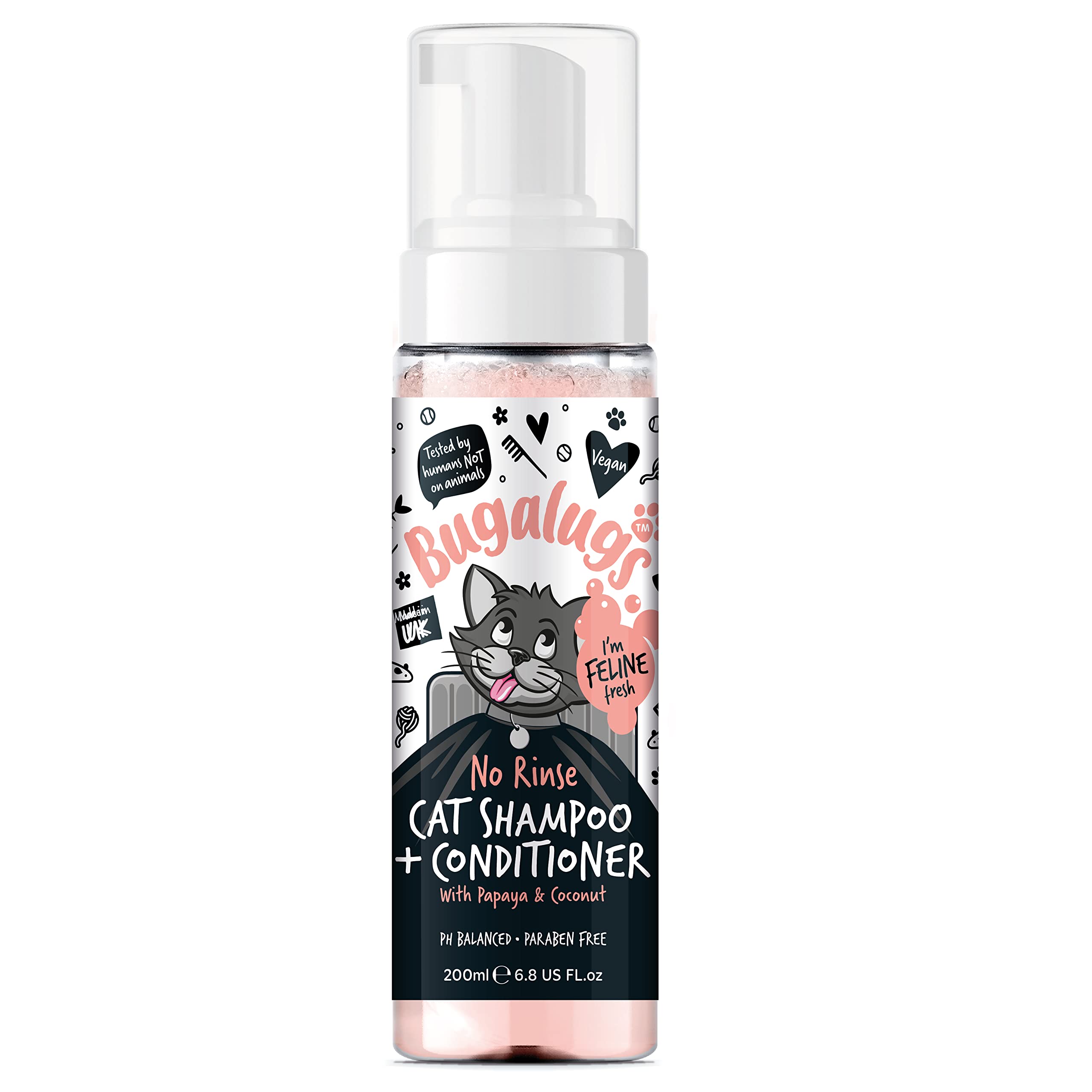 Bugalugs No Rinse Cat Shampoo & Conditioner with Papaya & Coconut. Brush through, for cats and kittens. Foam action grooming dry shampoo kitten (No Rinse Shampoo)