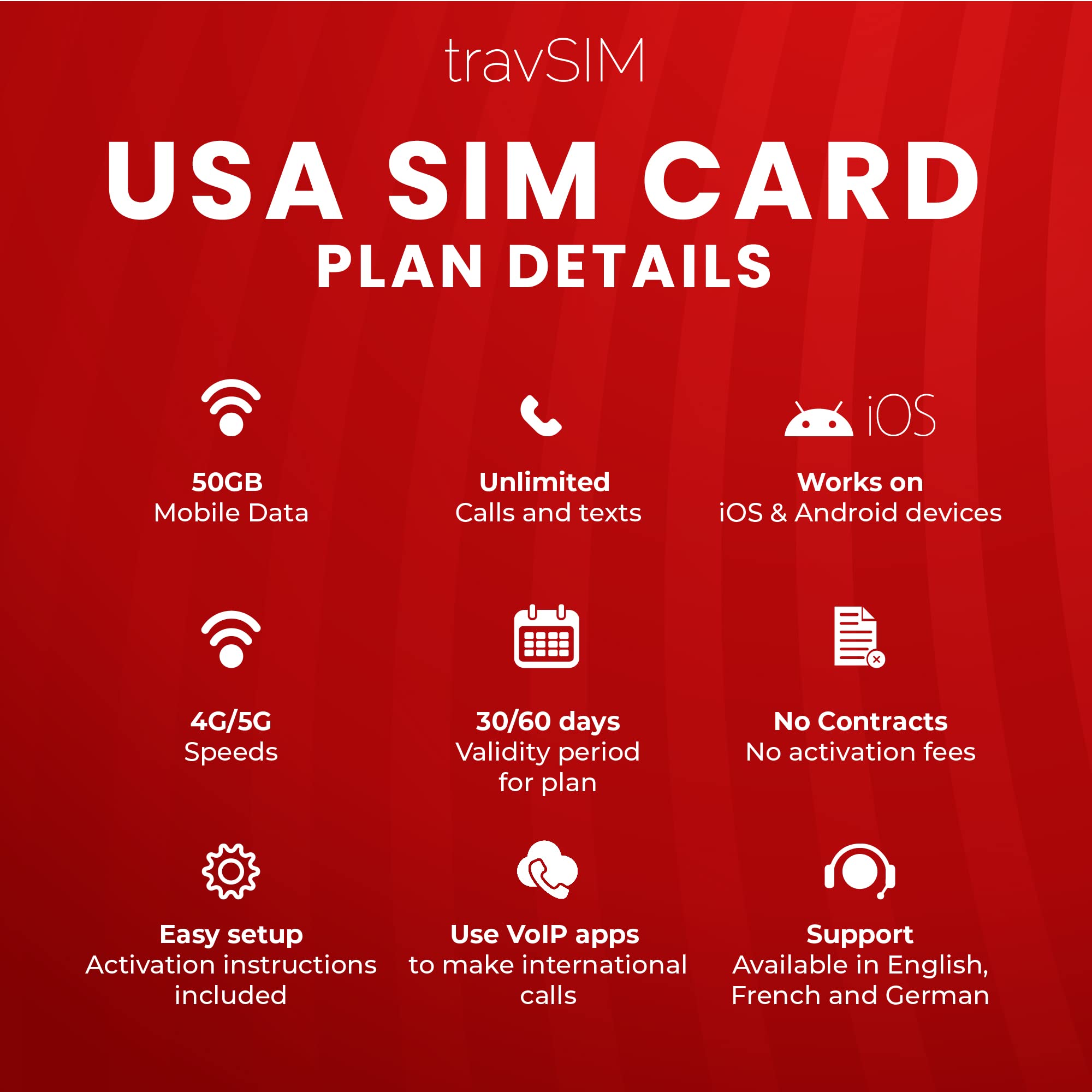 travSIM Prepaid USA SIM Card | 50GB Mobile Data at 5G speeds. Unlimited National Calls and Texts. This US SIM Card uses The AT&T Network. Works on iOS and Android Devices. Valid for 60days.