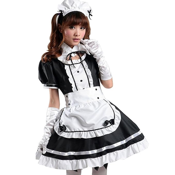 tzm2016 Damen Lolita French Maid Cosplay Kostüm, 4 PCS als Set inkl. Kleid; mit Kopfbedeckungen; Schürze; Fake Halsband (schw