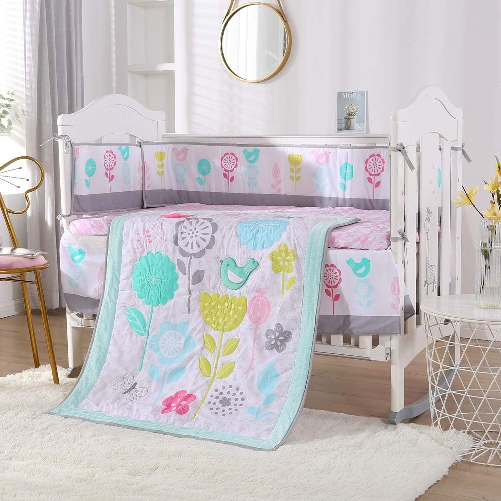 Wowelife Crib Bedding Sets for Girls Upgraded 7 Piece Colorful Flowers Birds Nursery Crib Set Light Blue,Green and Pink(Colorful Flower)
