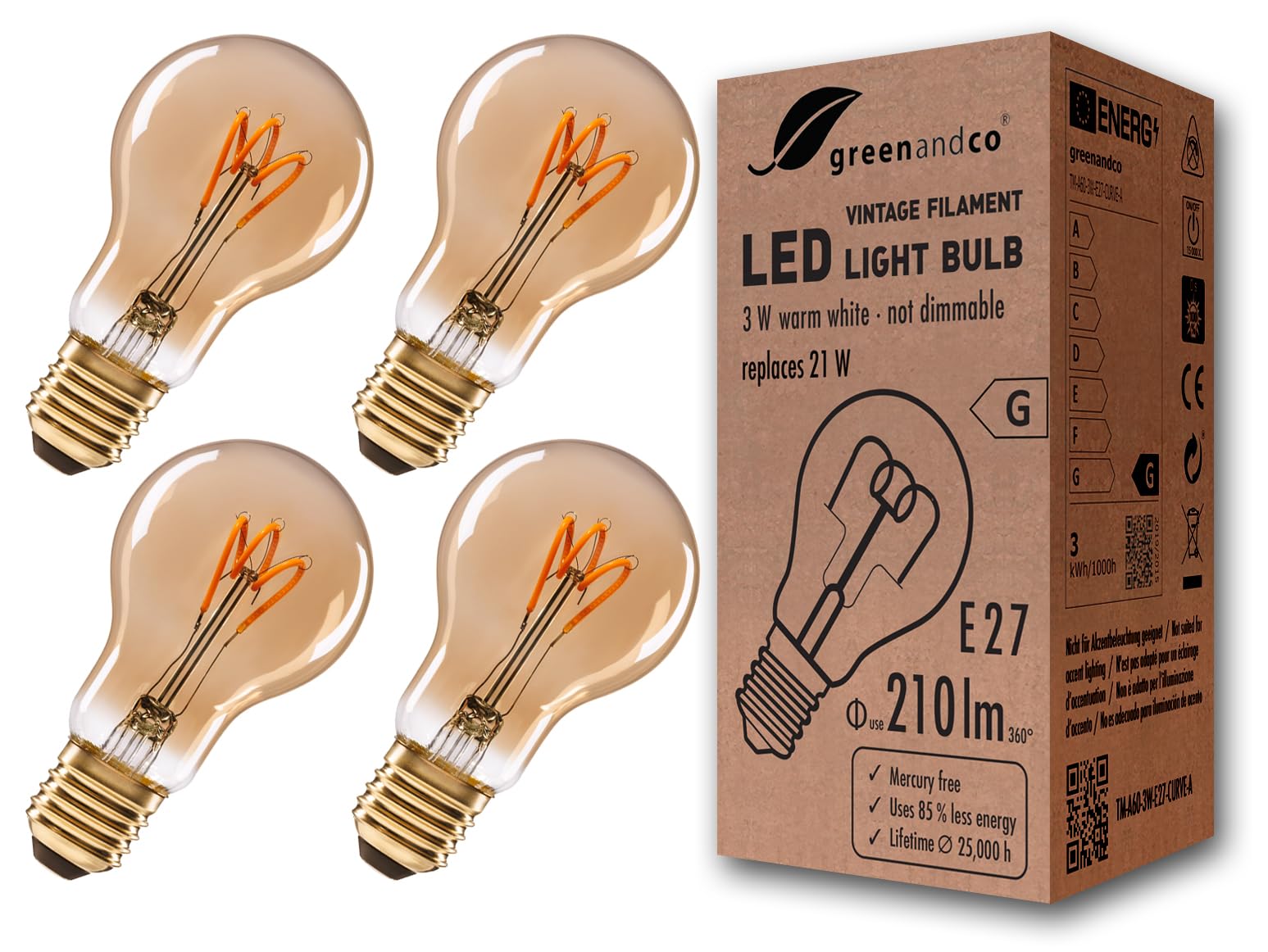 greenandco® E27 A60 LED Vintage Filament Bulb 3W Replaces 21W 210lm 2000K Extra Warm White 360° 230V, no Flicker, not dimmable, 4-Pack