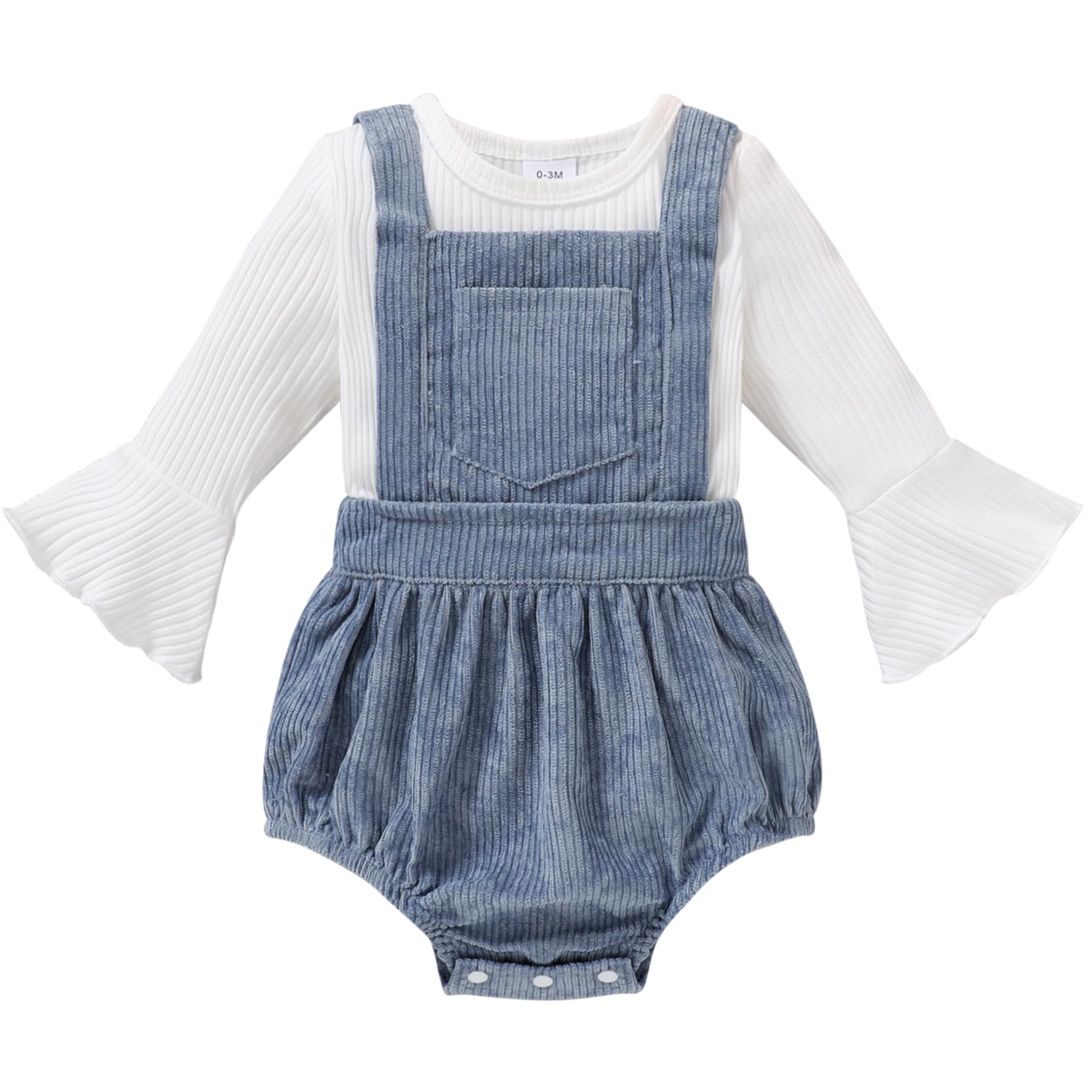 Photo 1 of Tiny Cutey Newborn Baby Girl Clothes Bell Sleeve Romper and Corduroy Overalls Shorts Infant Girl Fall Outfits(Blue corduroy overalls,0-3 Months)