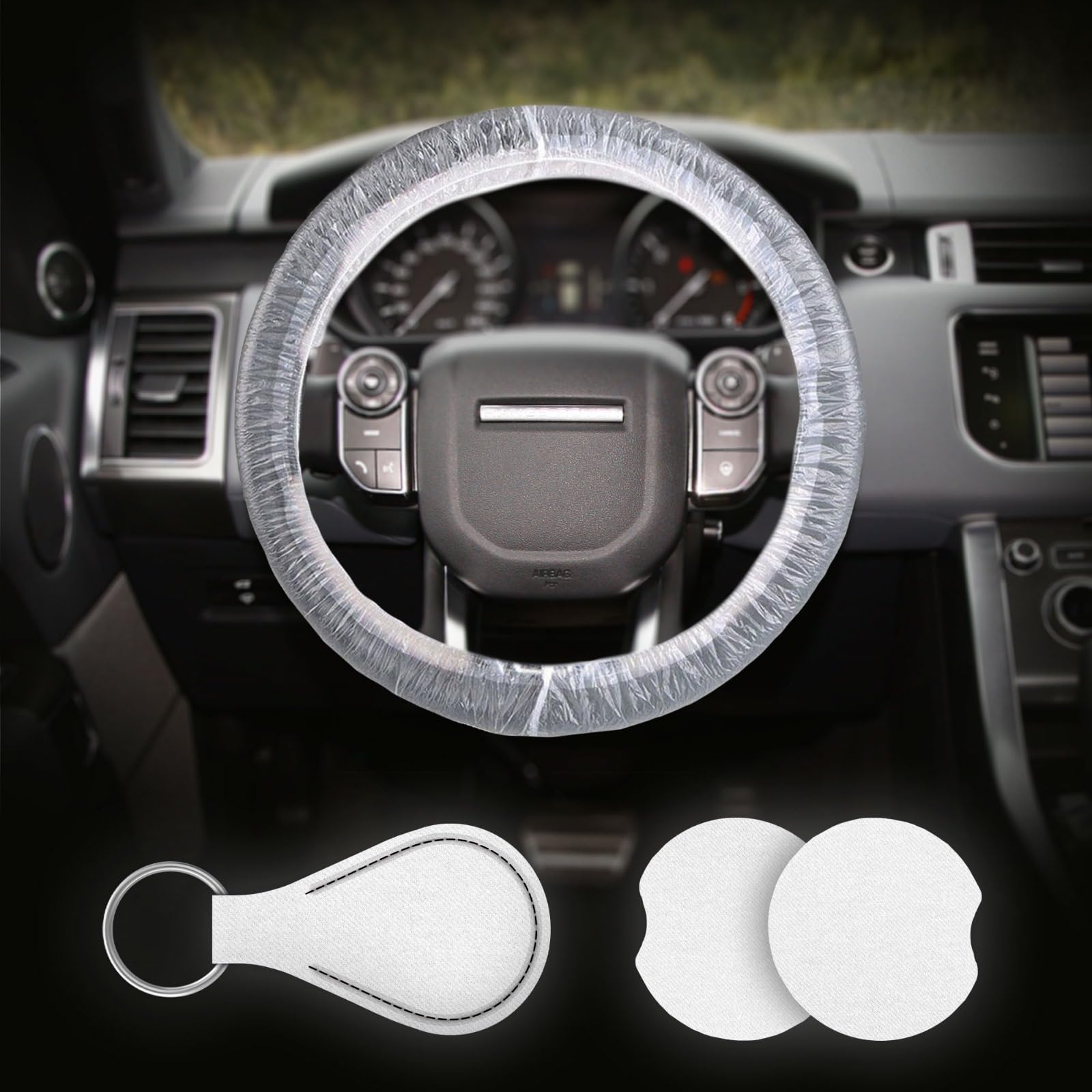 Photo 1 of 100PCS Disposable Steering Wheel Covers for Detailing | Plastic Steering Wheel Car Protector | Detailing Accessories- Keychain & 2 Car Cup Holder | Fundas Para Volantes de Carro,Mechanic Shop Supplies