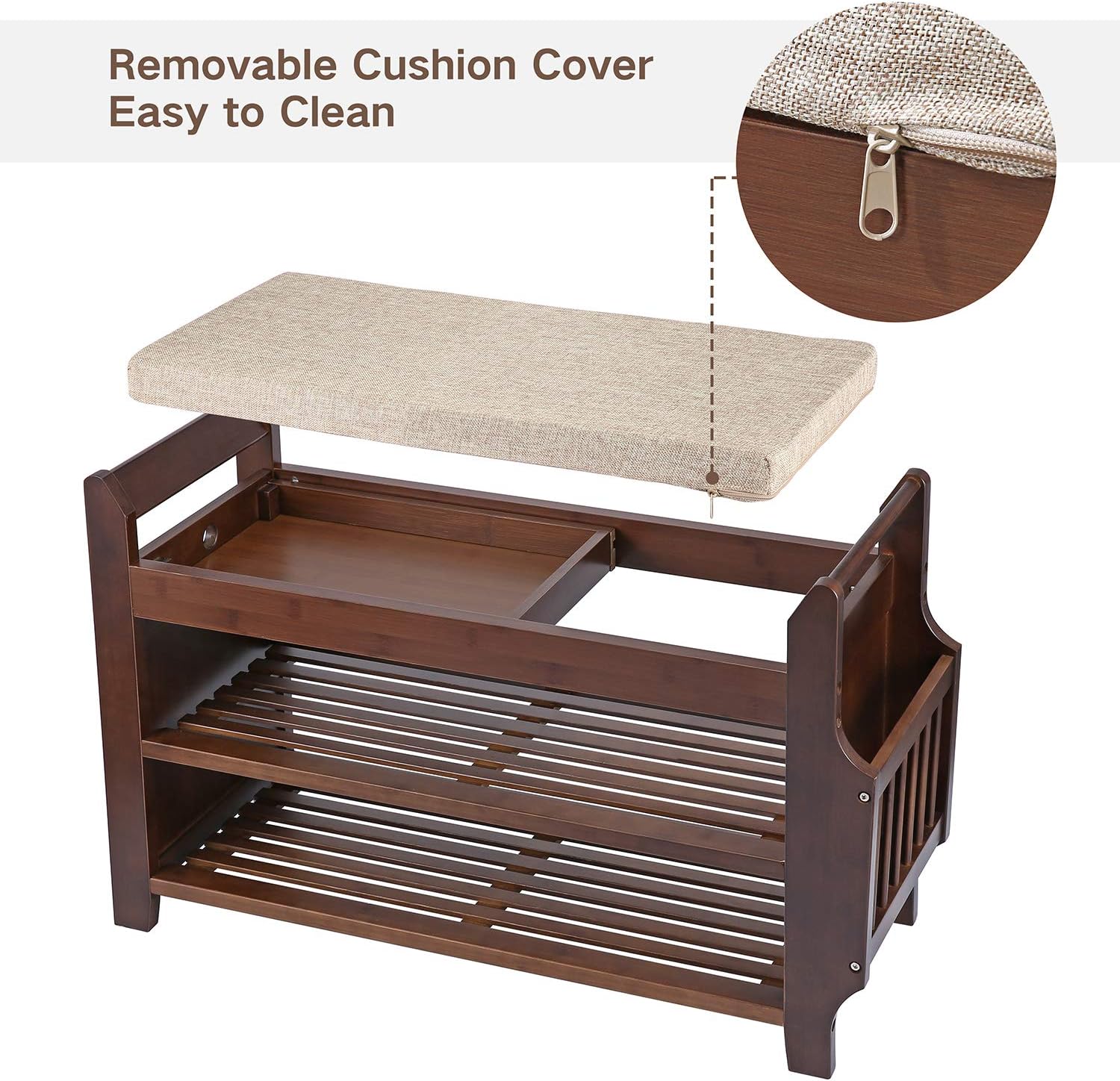 Shoe Bench Rack Nnewvante Shoe Organizer with Storage Basket Side Drawer Bamboo Removable Padded Cushion Seat for Entryway Hallway Living Room Bathroom-29.5in: Kitchen & Dining