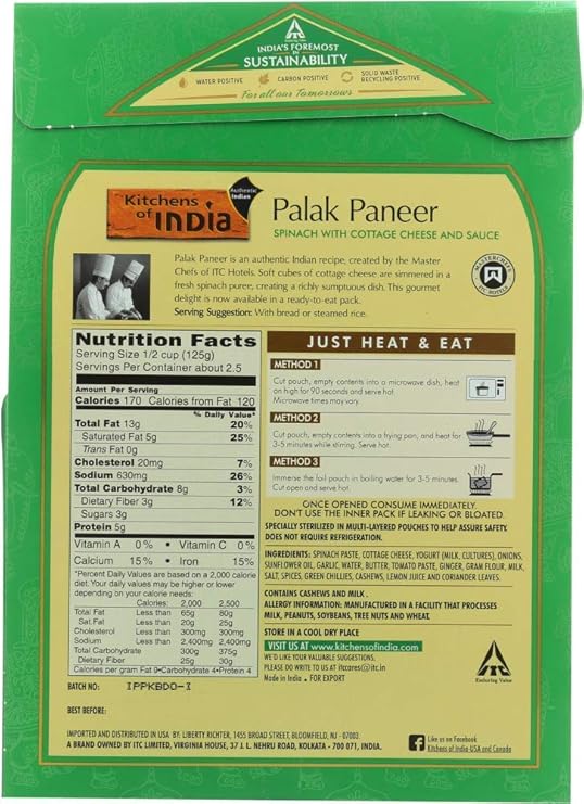 Amazon Com Kitchens Of India Ready To Eat Spinach W Cottage