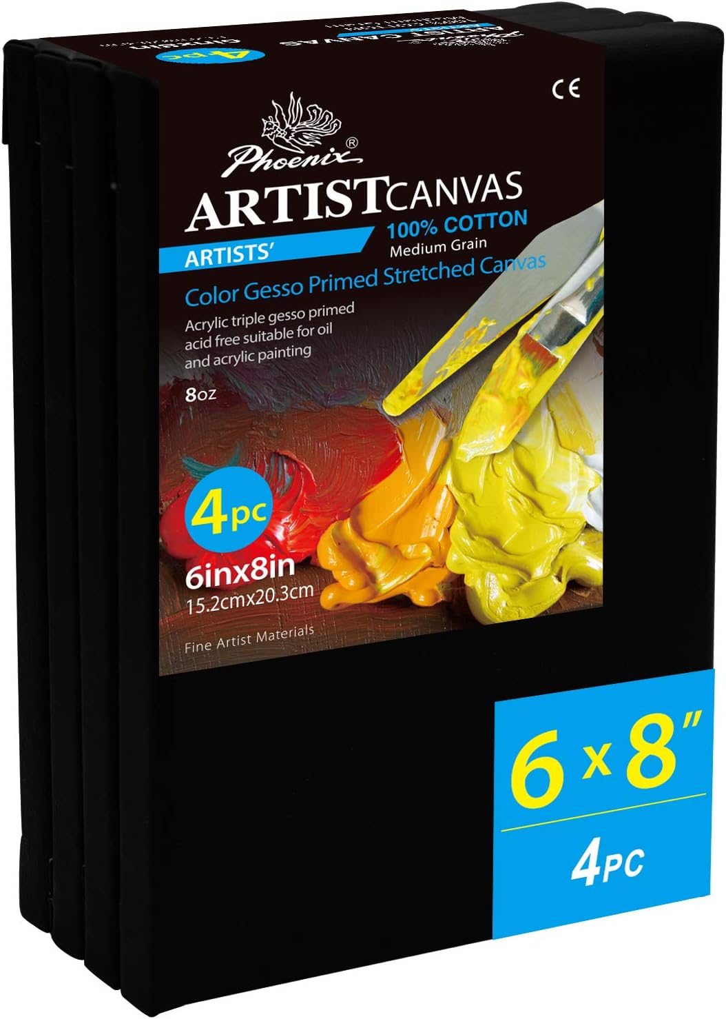 PHOENIX Black Stretched Canvas, 6x8 Inch/4 Pack - 3/4 Inch Profile, 8 Oz Quadruple Gesso Primed 100% Cotton Blank Black Canvases for Acrylic, Oil, Tempera, Metallic, Neon Painting & Crafts