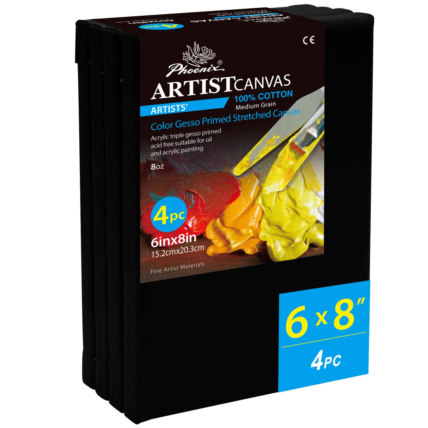 PHOENIX Black Stretched Canvas, 6x8 Inch/4 Pack - 3/4 Inch Profile, 8 Oz Quadruple Gesso Primed 100% Cotton Blank Black Canvases for Acrylic, Oil, Tempera, Metallic, Neon Painting & Crafts