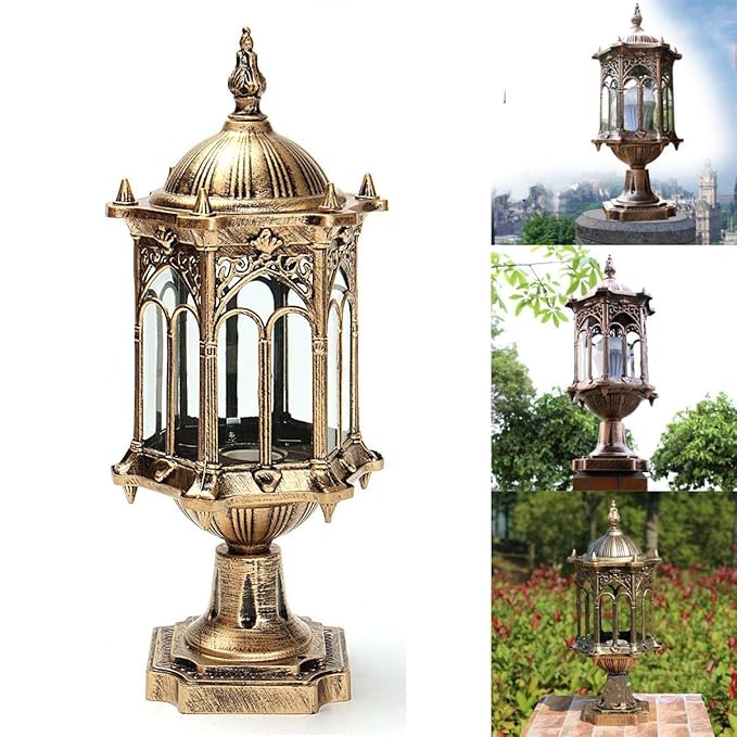 WowObjects 220V Exterior Antique Brass Post Fence Lantern Light Landscape Garden Lamp