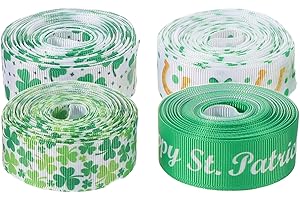 ARTSEWPLY St Patrick's Day Wired Edge Ribbon 4 Rolls Green Shamrock Printing, 5 Yards Each, DIY Bow Making