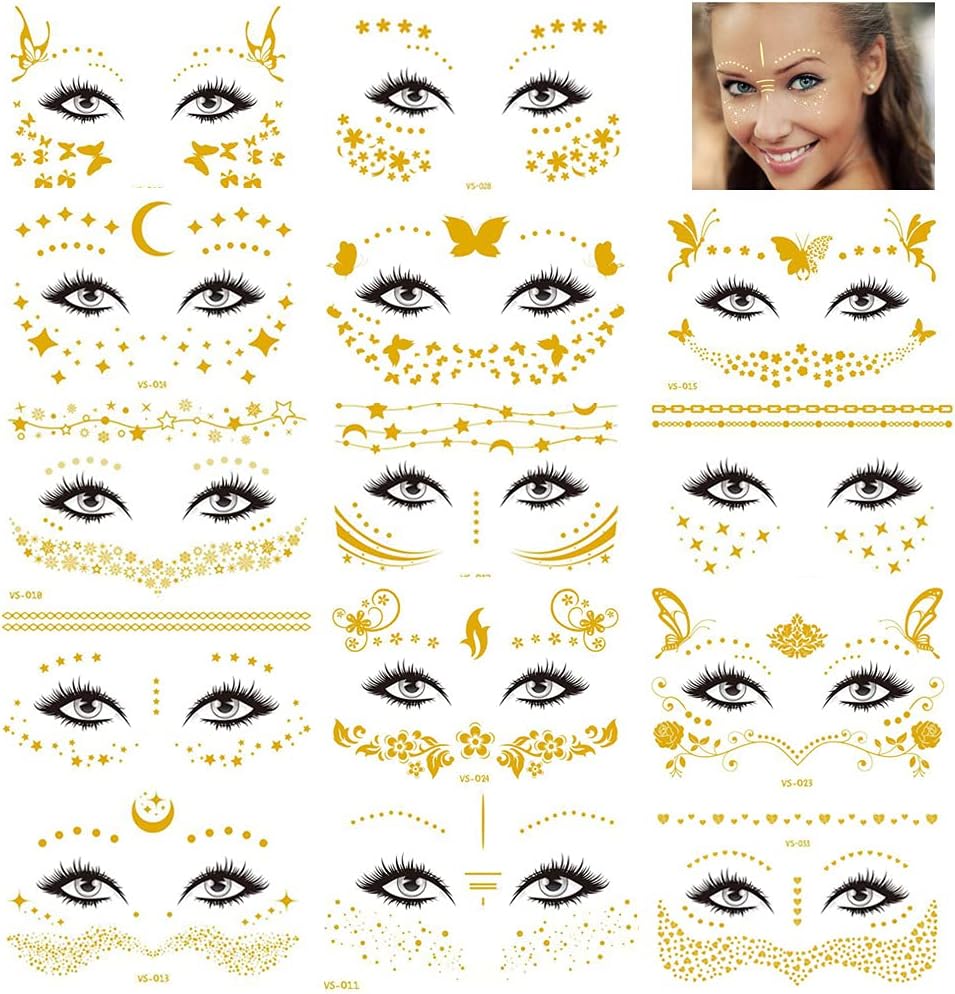 Rosymormor 14 Sheets Gold Metallic Face Temporary Tattoos Women Girls Festival