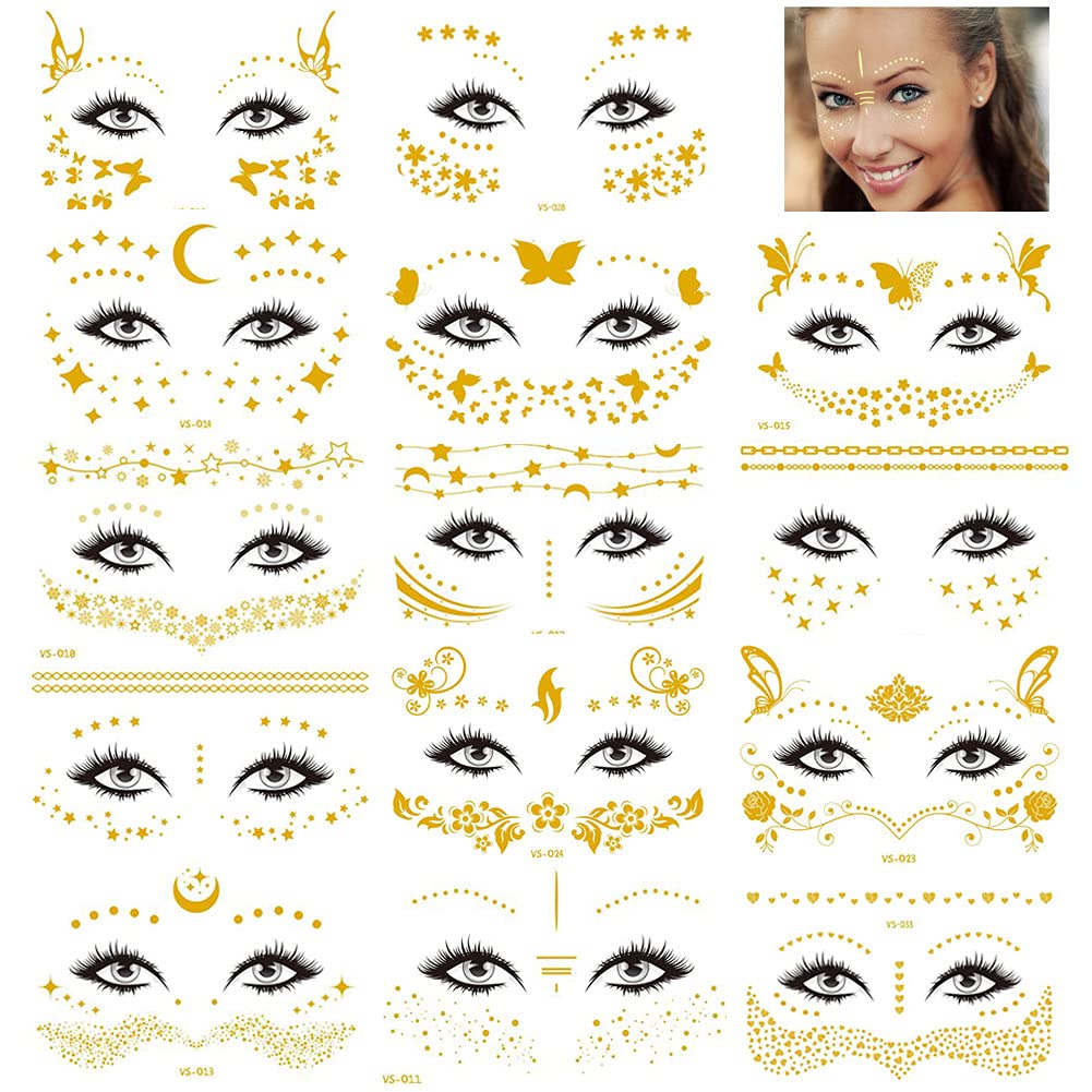 Rosymormor 14 Sheets Face Temporary Tattoos, Face Stickers Gold Metallic Temporary Transfer Glitter Fake Tattoos, Freckle Stickers for Women Girls Festival Halloween Makeup Dancer Costume Parties