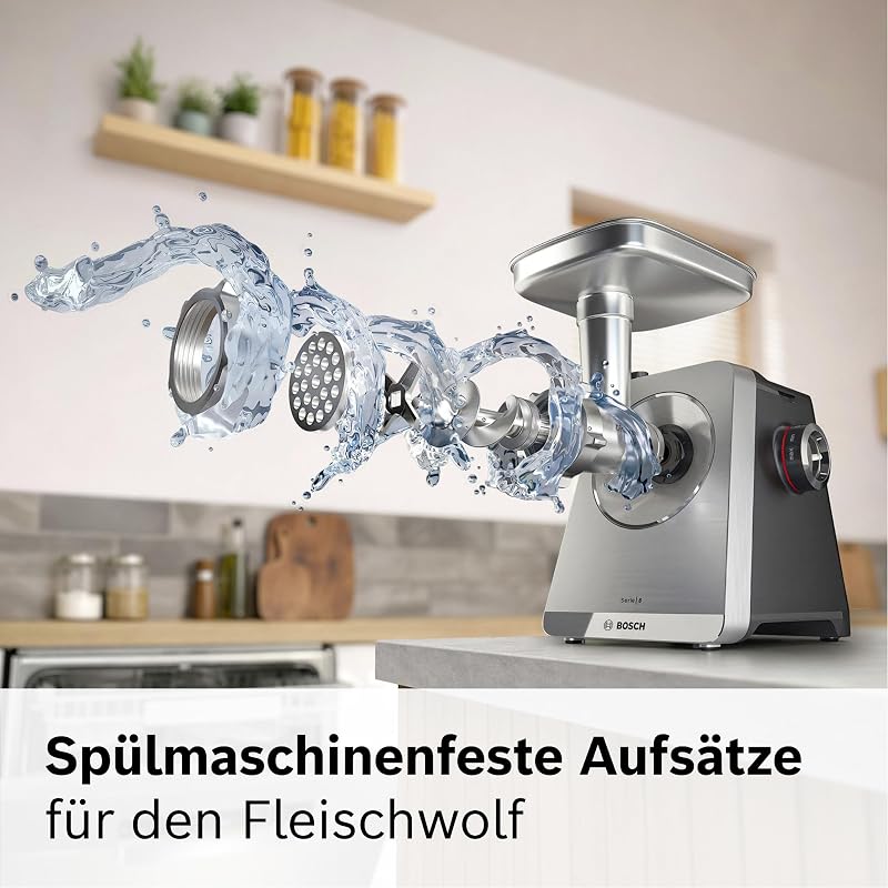 Fleischwolf Serie 8, 3 Lochscheiben (3/4,5 / 8mm), Edelstahl, spülmaschinenfest, Kebbe- & Wurst-Aufsatz, Durchlaufschnitzler, Motorblockleistung 2.500 W, elektrisch, MultiPower MFWS840M