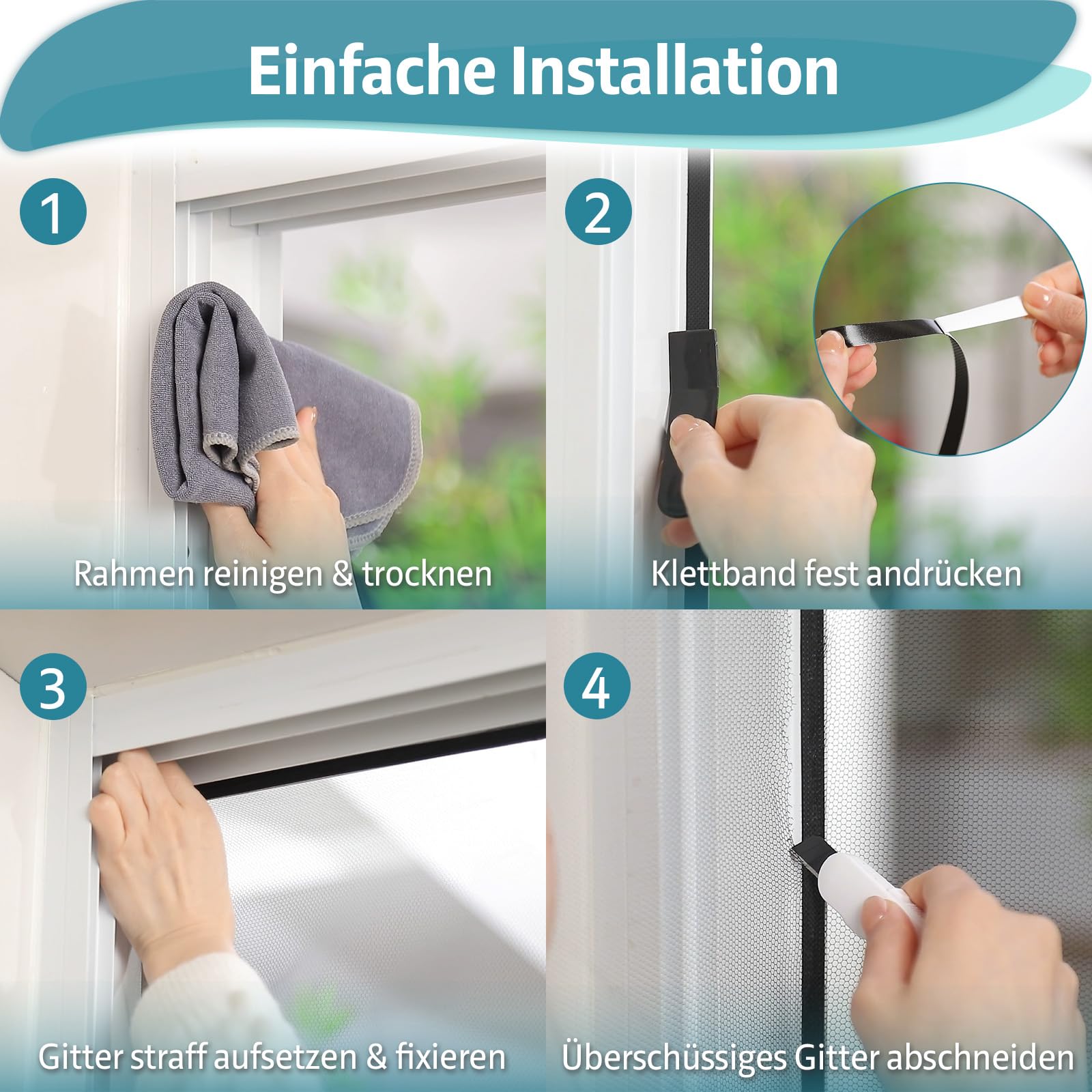 YANGTE Fliegengitter für Fenster 4 Stück 130x150 cm, Insect Stop Insektenschutz mit Klettband selbstklebend, Moskitonetze für Fenster schützen die Familie vor Insekten Schwarz 7