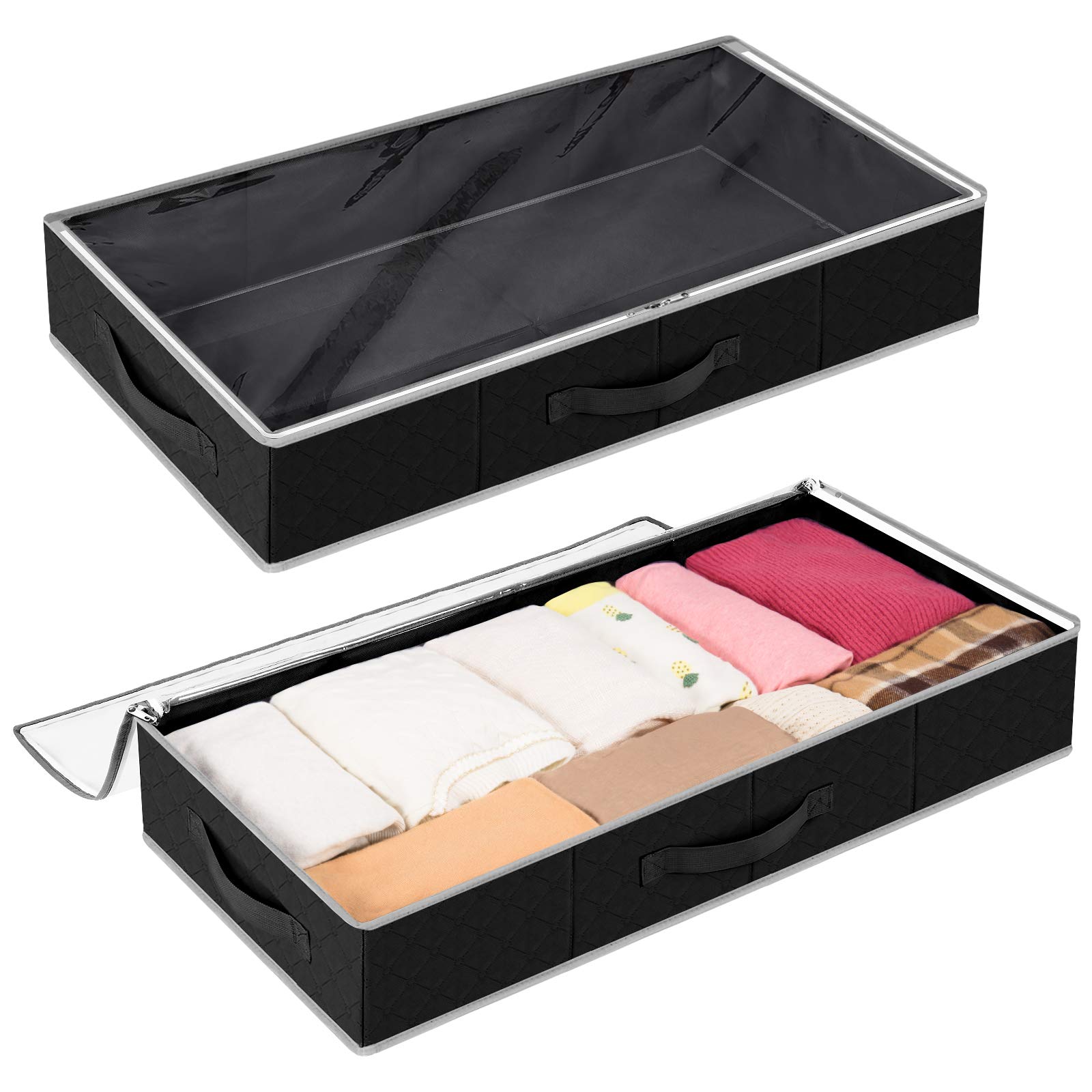 Lifewit Under Bed Storage Containers Clothes Organizers with Durable Fabric, Sturdy Structure, Reinforced Handle, See-Through Window for Clothing, Blankets, Sweaters, Toys, Shoes, Black, 2 Pack