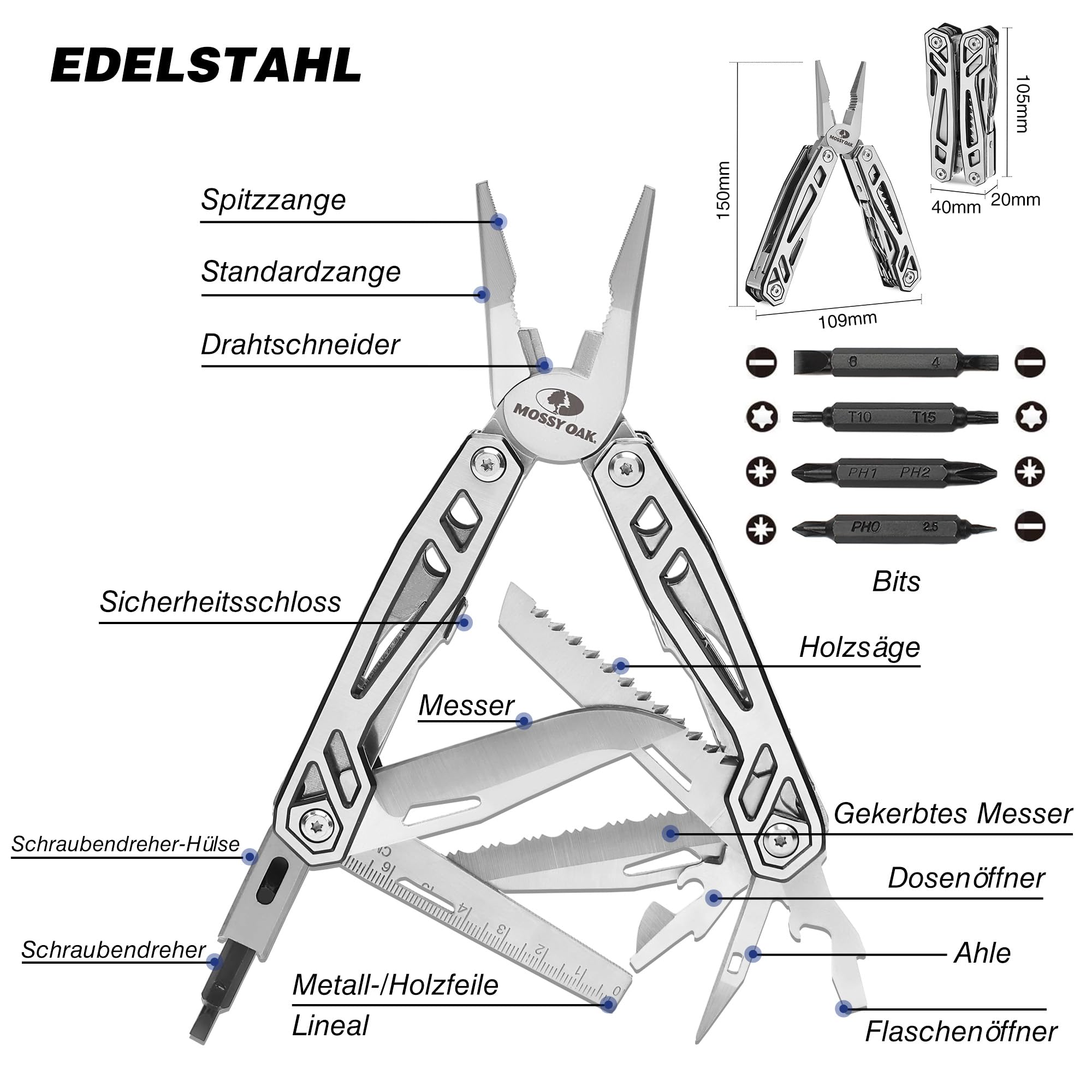 Mossy Oak Multifunktionszange,21 in 1 Multi-Tool Multifunktion mit Zange Klappmesser, Faltbares Multitool, Camping Wandern Reparieren,inkl tragbare Tasche 2