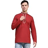 SKAVIJ Mens Cotton Henley Shirts Casual Band Collar Kurta Long Sleeve Embroidered Top T-Shirt