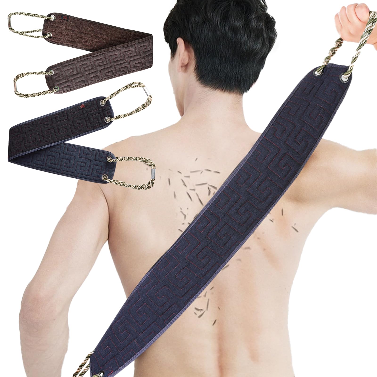 JSTHHTT 2Pcs Exfoliating Back Scrubber for Shower, 37 Inches Back Washer with Handles, Back Washer for Shower, Double-Side Use Exfoliate Washcloth Bath Tool to Scrub Your Body Deeply (Blue, Brown)