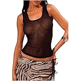 SOLY HUX Women's Sheer Mesh Tank Top Scoop Neck Sleeveless See Through Fitted Shirts Vest