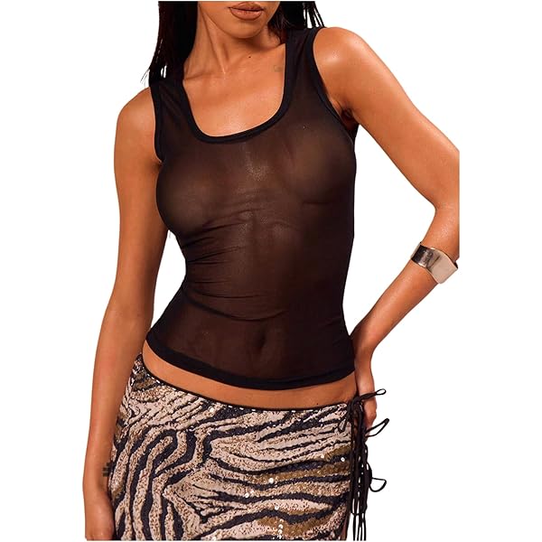 Allchic Womens Sheer Mesh Tank Tops, See Through Scroop Neck