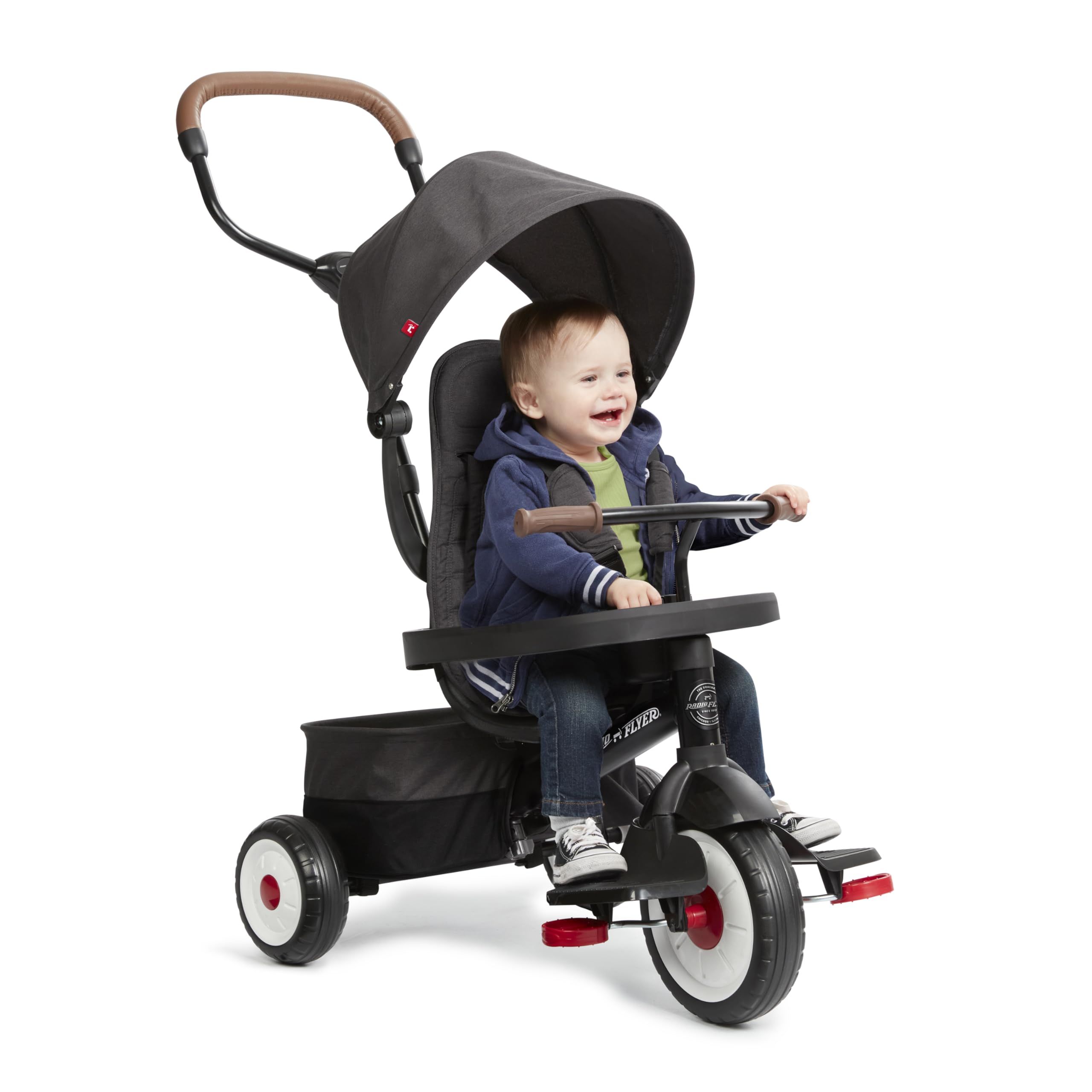 Radio Flyer City 4-in-1 Stroll ‘N Trike, Black, for Riders 1-5 Years Old, 4 Riding Modes, 3 Point Harness with Comfort Pad, Parent Controlled Steering, Rear Storage, Stroller Tricycle for Toddlers