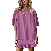 Yanekop Skirt Sets Women 2 Piece Outfits Two Piece Lounge Set Travel Vacation Outfits Oversized Tee Shirts Mini Skirt