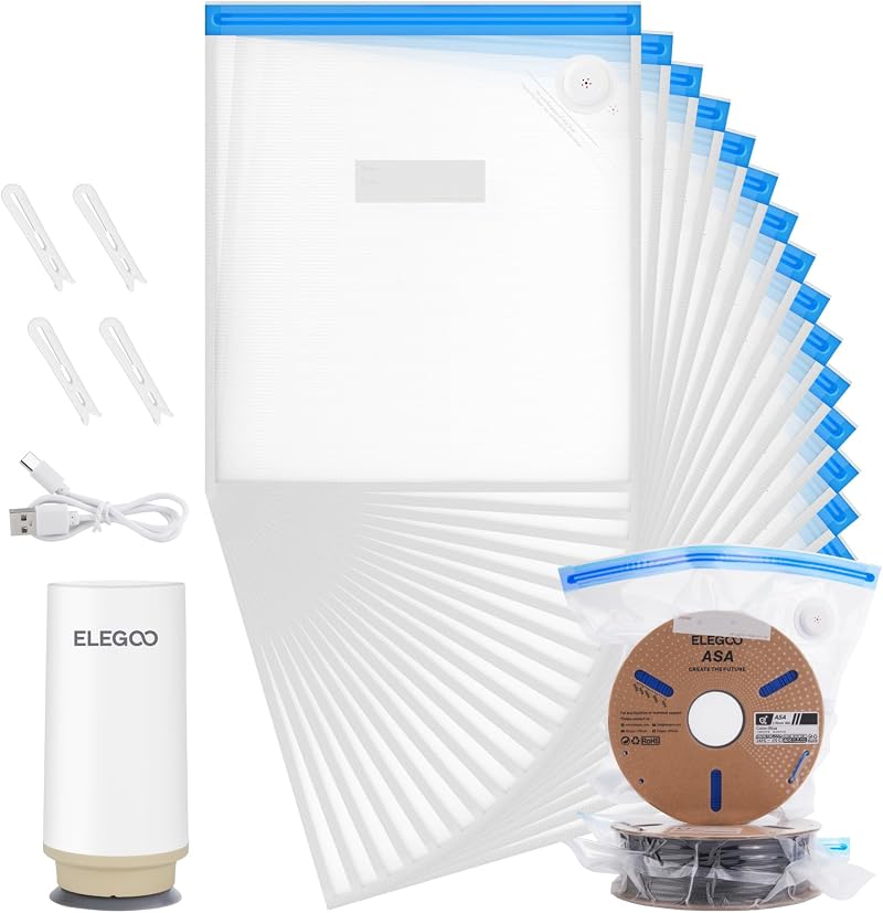 ELEGOO Filament Vacuum Storage Kit 20 Bags 60 KPa Auto Pump 35x32cm