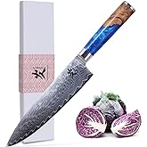 SAMCOOK Damascus Chef Knife - 8 Inch Professional Sharp Gyuto Knife - Japanese VG-10 High Carbon Stainless Steel Kitchen Cooking knife - Ergonomic Blue Resin Wood Handle with Gift Box