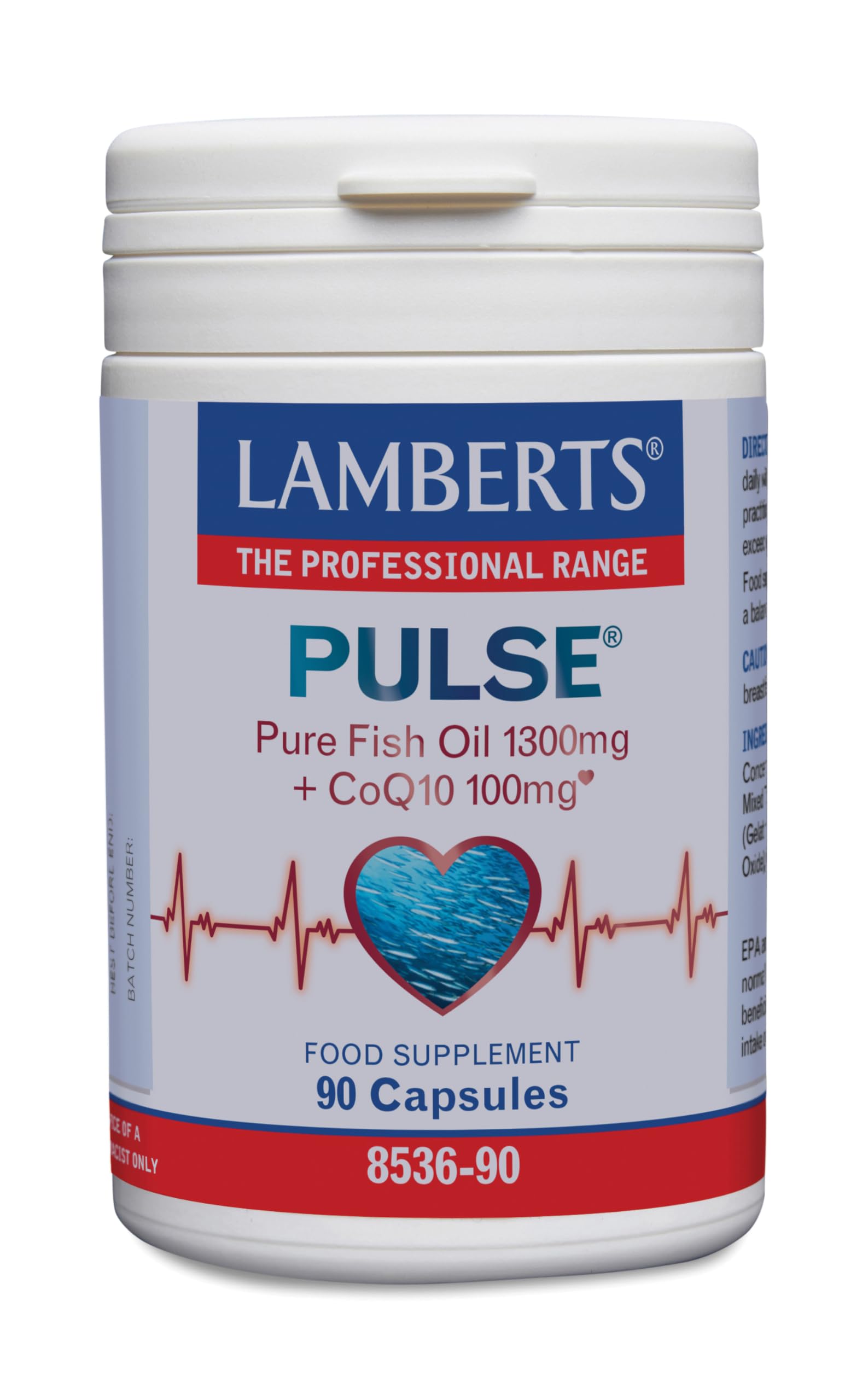 Lamberts Pulse Fish Oil 1300mg with CoQ10 100mg – High Strength Omega 3 EPA & DHA – Two-a-Day Formula – 90 Capsules