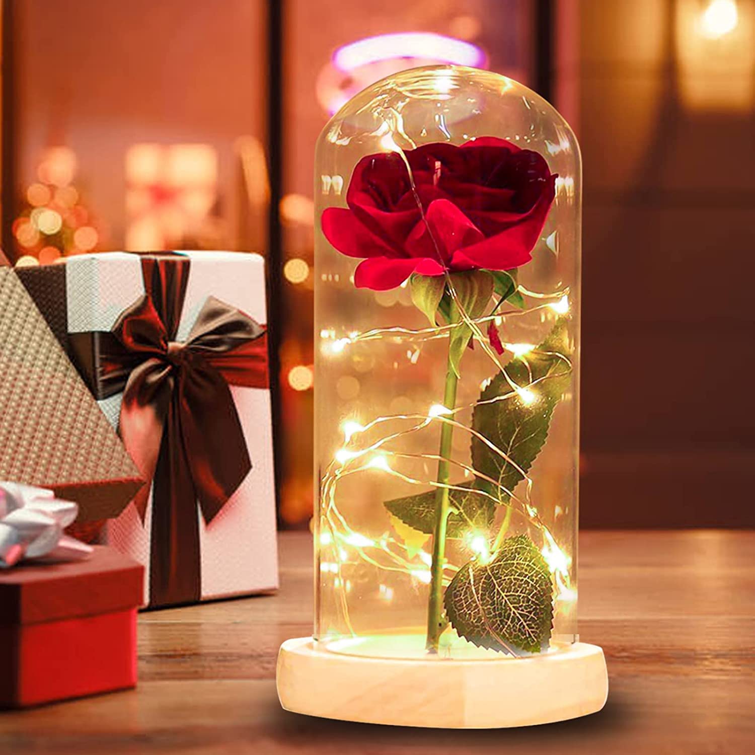 Beauty and the Beast Rose, Forever Red Rose with Light Enchanted Silk Rose in Clear Dome, Never Fade Rose Gift for Mother's Day, Anniversary, Birthday, Valentine's Day, Room Decoration