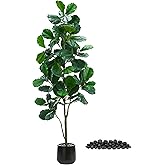TNGGNT Artificial Fiddle Leaf Fig Tree:6FT Tall Faux Ficus Lyrata Plant Fake Fig Trees Realistic Green Silk Large Leaves with Natural Trunks & Pebbles in Black Planter for Indoor Outdoor Office Home.