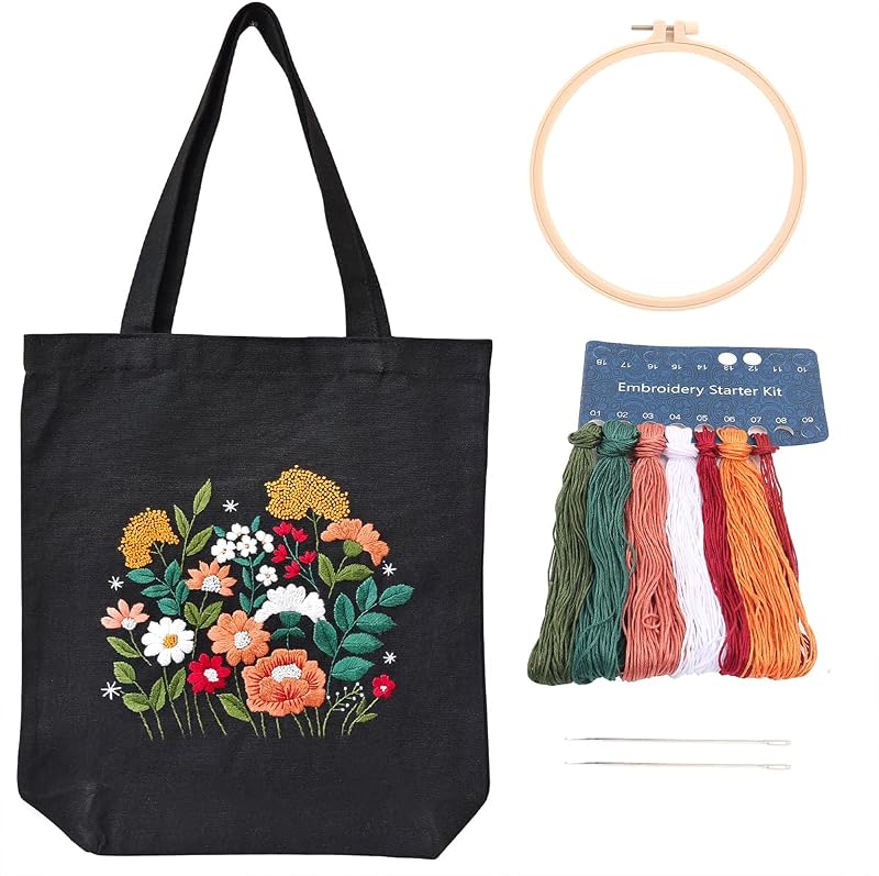 MAMUNU Canvas Tote Bag Embroidery Kit for Beginners Floral Pattern Black