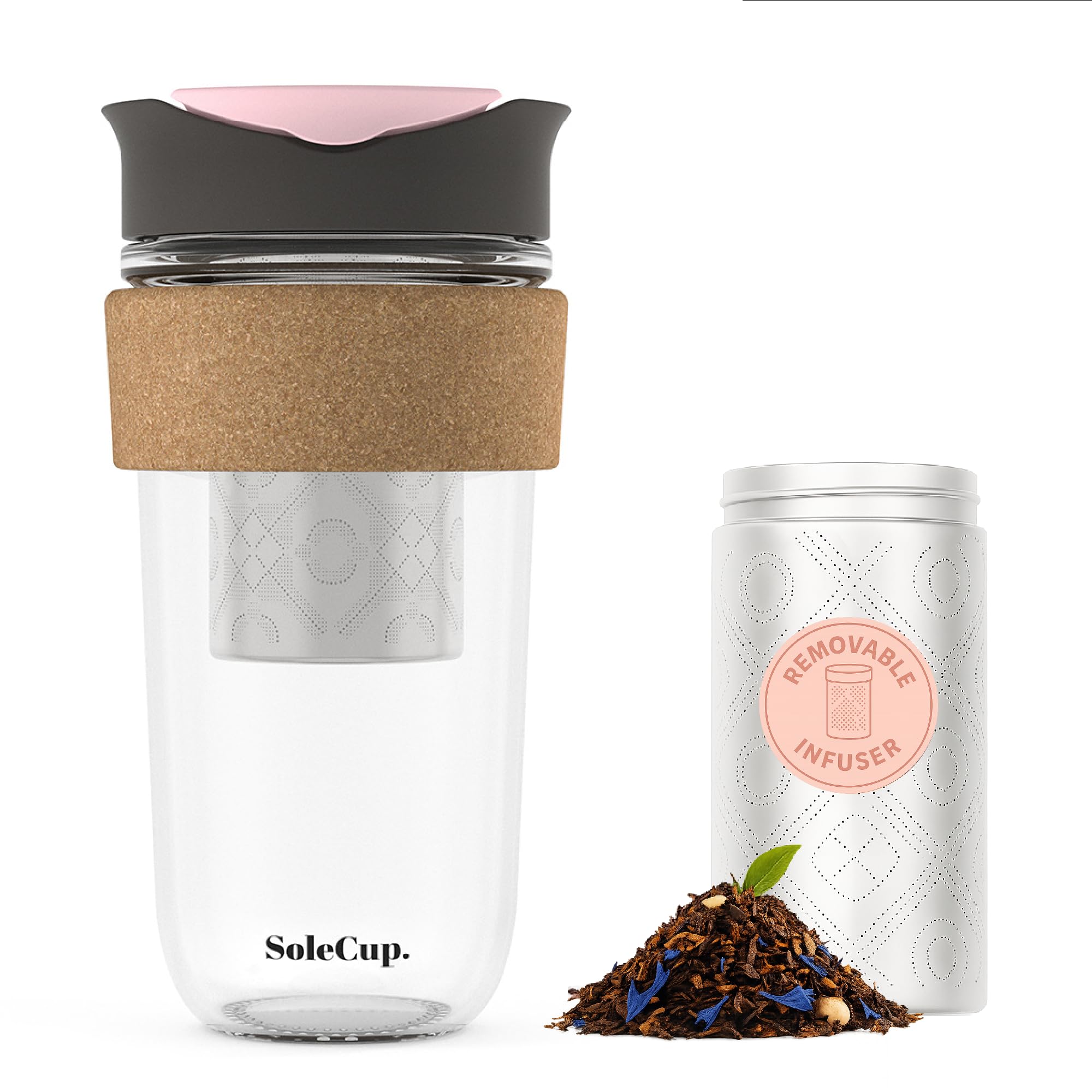 SoleCup. Large Travel Mug Loose Tea Infuser - Detachable Tea Strainer with Spill Proof Lid - 18oz/530ml BPA-Free Reusable Glass Travel Coffee Cup with Cork Band (Grey and Pink, 530ml / 18oz)