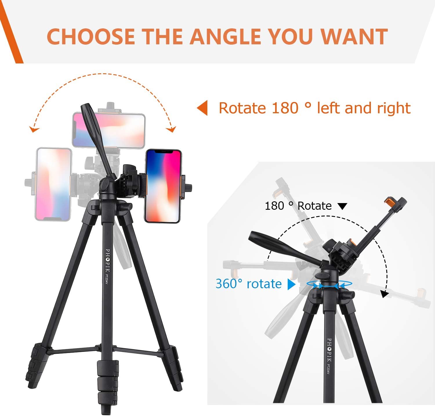 PHOPIK Lightweight Phone Tripod 55-Inch, Video Tripod with 360 Panorama and 1/4” Mounting Screw for Mirrorless/Gopro/DSLR Camera, Phone Holder for Smartphone, Max Load 6.6 Lbs, Carry Bag Inclued. : Camera & Photo