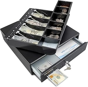 Mini Cash Register Drawer 13” for Point of Sale (POS) System with Fully Removable 2 Tier Cash Tray, 4 Bill/5 Coin, 24V, RJ11/RJ12 Key-Lock, Double Media Slot, Small Square Money Drawer, Black