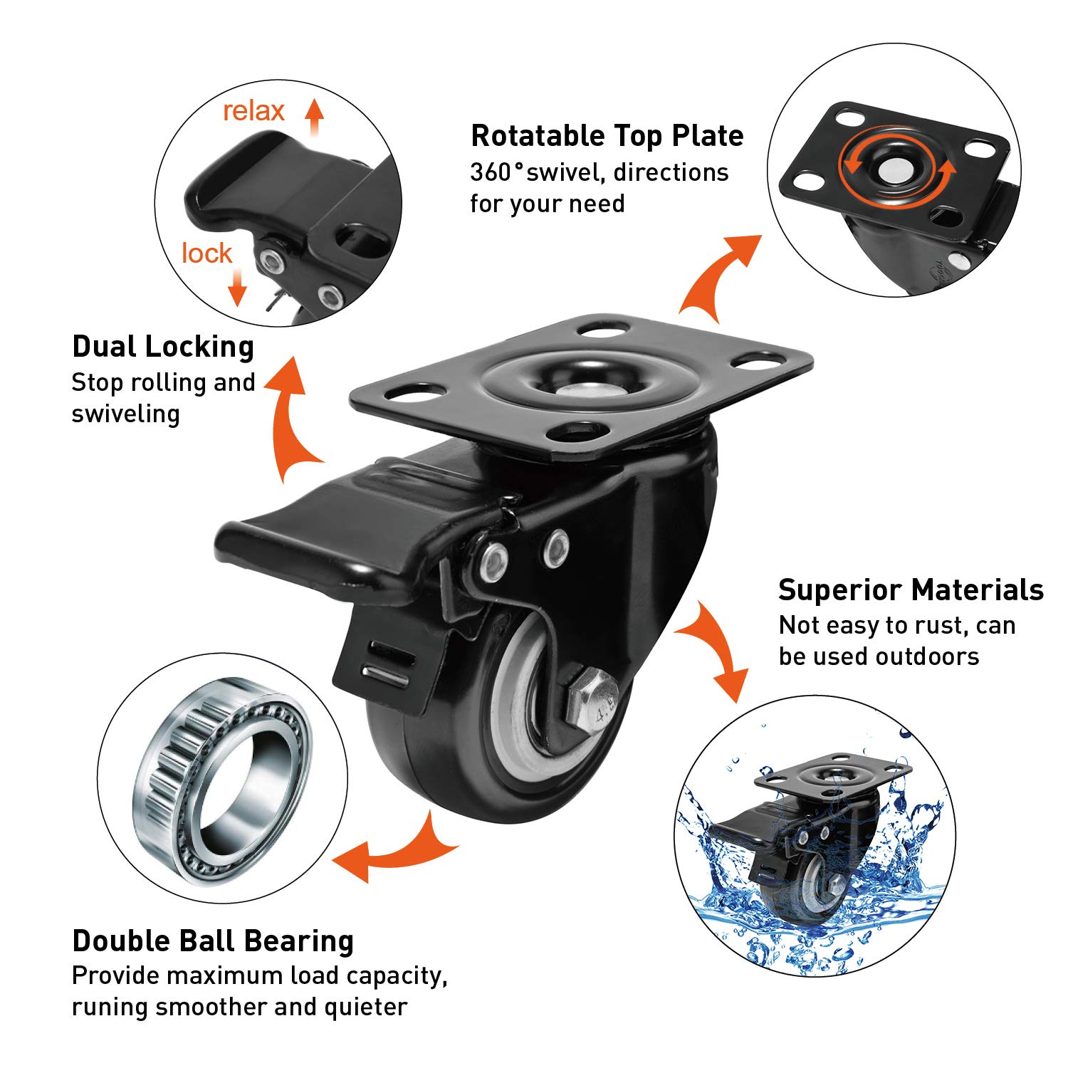 Moogiitools 2" Caster Wheels Set of 4, Heavy Duty Casters with Brake, No Noise Locking Casters with Polyurethane (PU) Wheels, Swivel Plate Castors Pack of 4: Industrial & Scientific