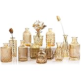 TBWIND Gold Amber Glass Bud Vases Set of 12, Small Vases for Flowers, Champagne Mini Vintage Vases for Centerpieces,Bud Vase in Bulk for Wedding Decor,Single Flowers,Office and Home Table Flower Décor