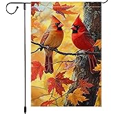 Fall Cardinal Garden Flag, Small Red Bird Maple Leaves Outside Burlap Decor, Autumn Yard Lawn Outdoor Decoration Home Double Sided Vertical Flags 12 x 18 Inch