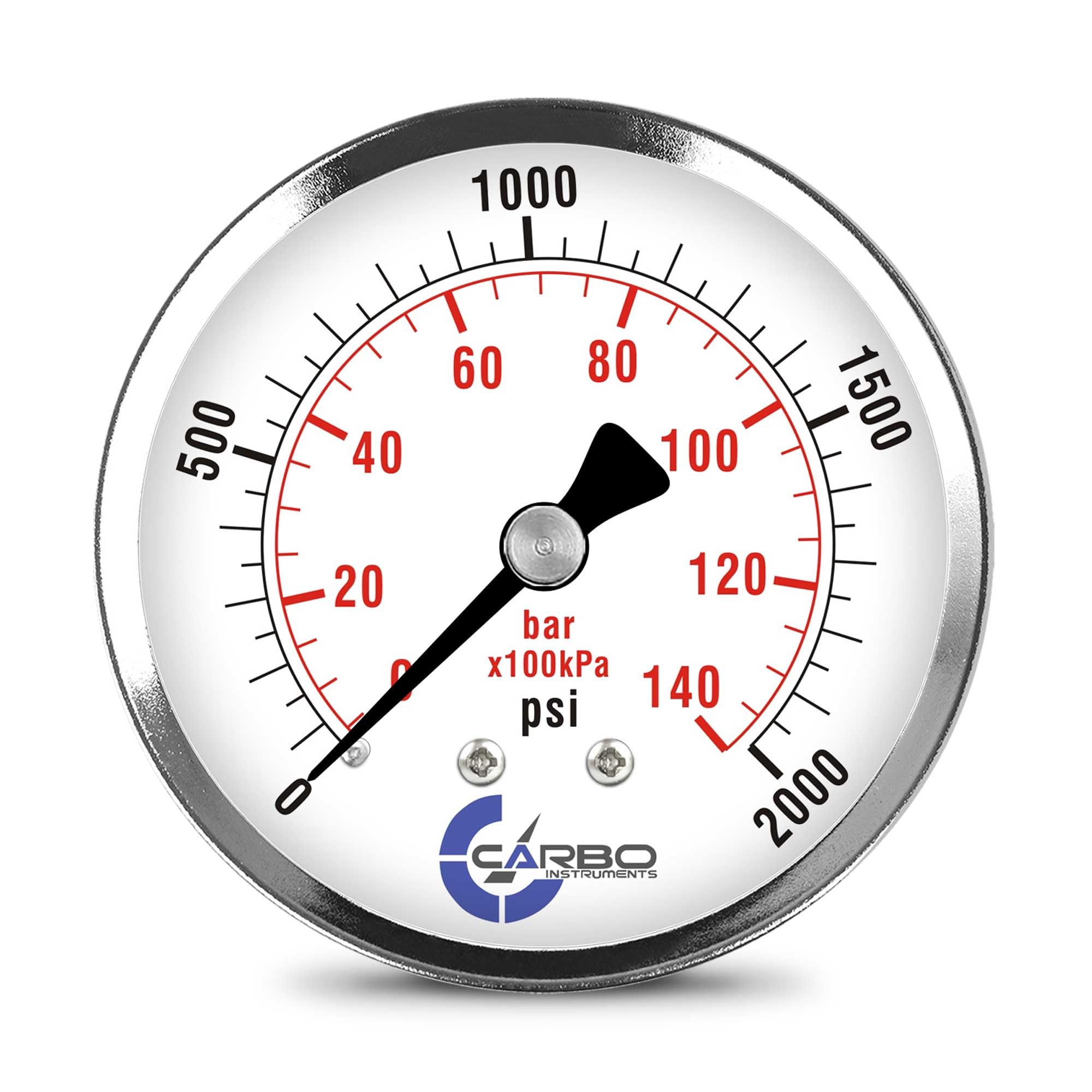 CARBO Instruments 2-1/2" Pressure Gauge, Chrome Plated Steel Case, Dry, 0-2000 psi/kPa, Back Mount 1/4" NPT