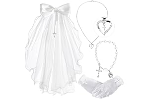Svepndic 4PCS Girls First Communion Veils Kit,First Communion Headpiece with Veils,Necklace,Bracelet,Gloves,1st Holy Communion Accessories for Wedding Catholic Party