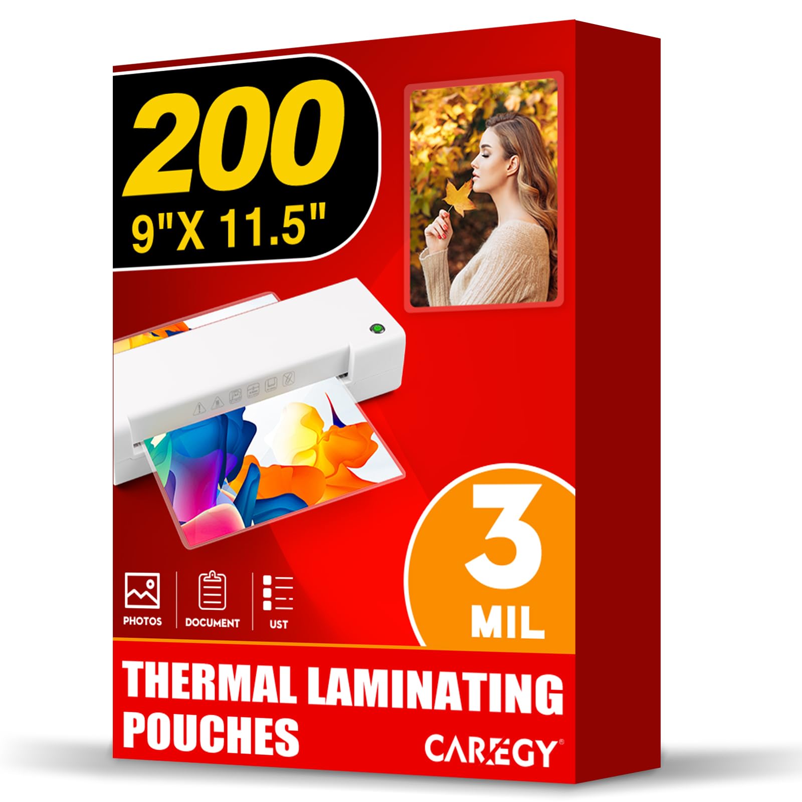 CAREGY Thermal Laminating Pouches, Holds 8.5 x 11 Inch Sheets,200 Pack Laminating Sheets, 3 Mil, 9 x 11.5 Inches Lamination Sheet Paper for Laminator, Clear, Letter Size, Office and School Supplies