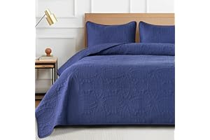 Siyaluens Quilts Set for King Size Bed, Soft Quilt Lightweight Microfiber Bedspread, Circle Geometric Pattern Ultrasonic Quilting Bedding Bedspreads with 2 Pillow Shams for All Season (Navy Blue)
