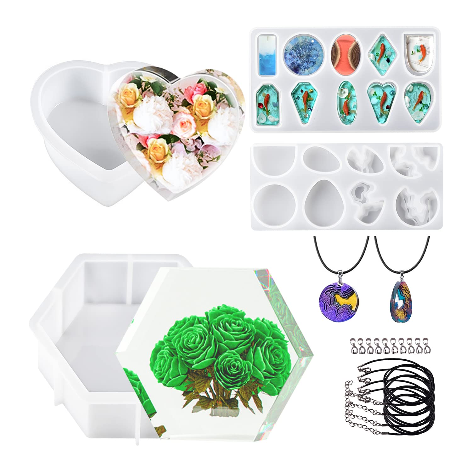 OSELEE Resin Moulds Silicone, DIY Epoxy Resin Moulds for Beginners, Pendant Jewelry Making Molds, Heart Hexagon Shapes, for Bookends Jewellery Arts Crafts (14Pcs)