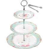 Jusalpha Light Blue 3-tier Ceramic Cake Stand- Cupcake Stand | Tea Party Pastry Serving Platter Comes with Sugar Tong in a Giftable box